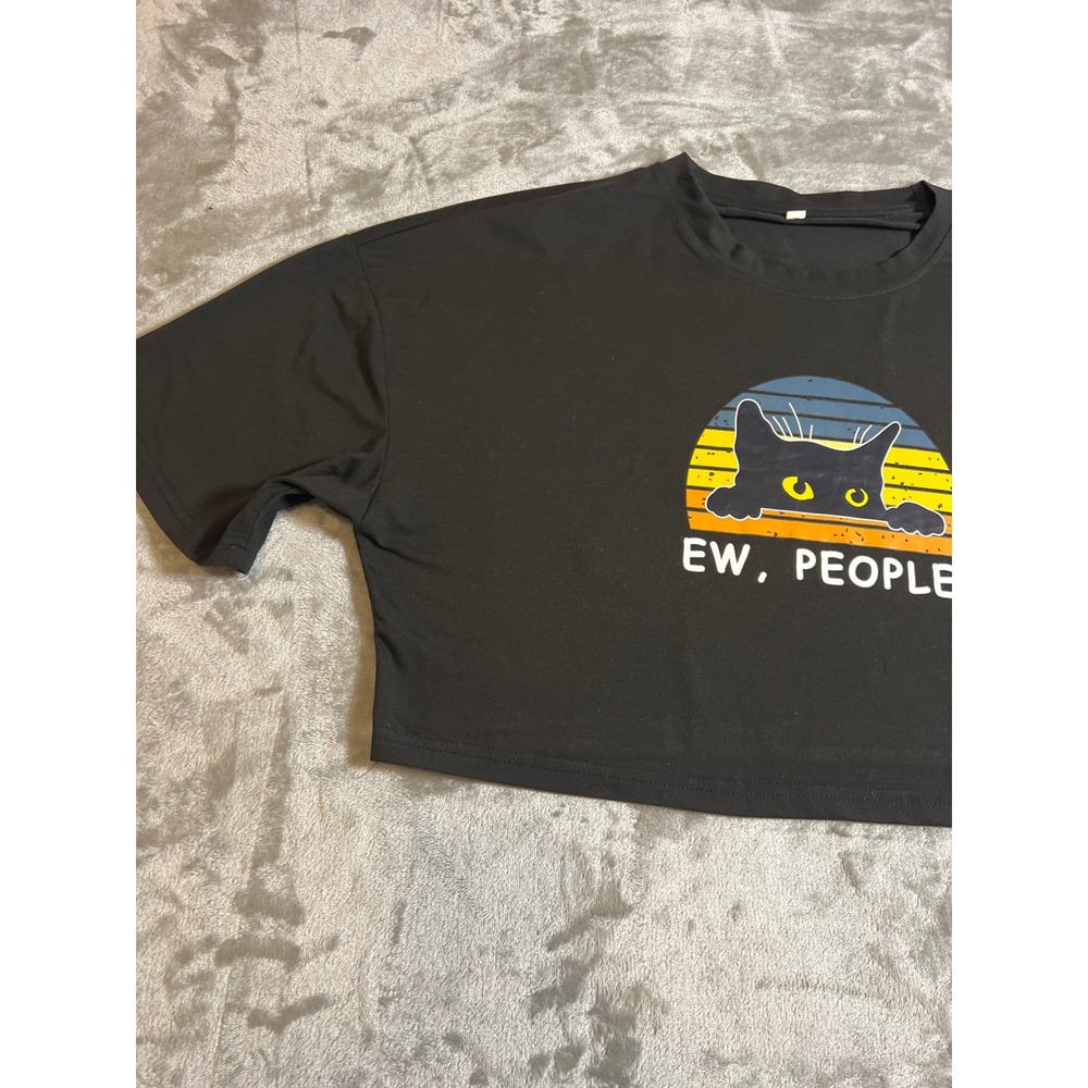 Ew People Cat Retro Sunset Black Crop Top XL Short Sleeve Boxy Graphic Tee - Picture 4 of 11